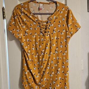 No Boundaries Mustard Floral Lace-Up Short Sleeve Top